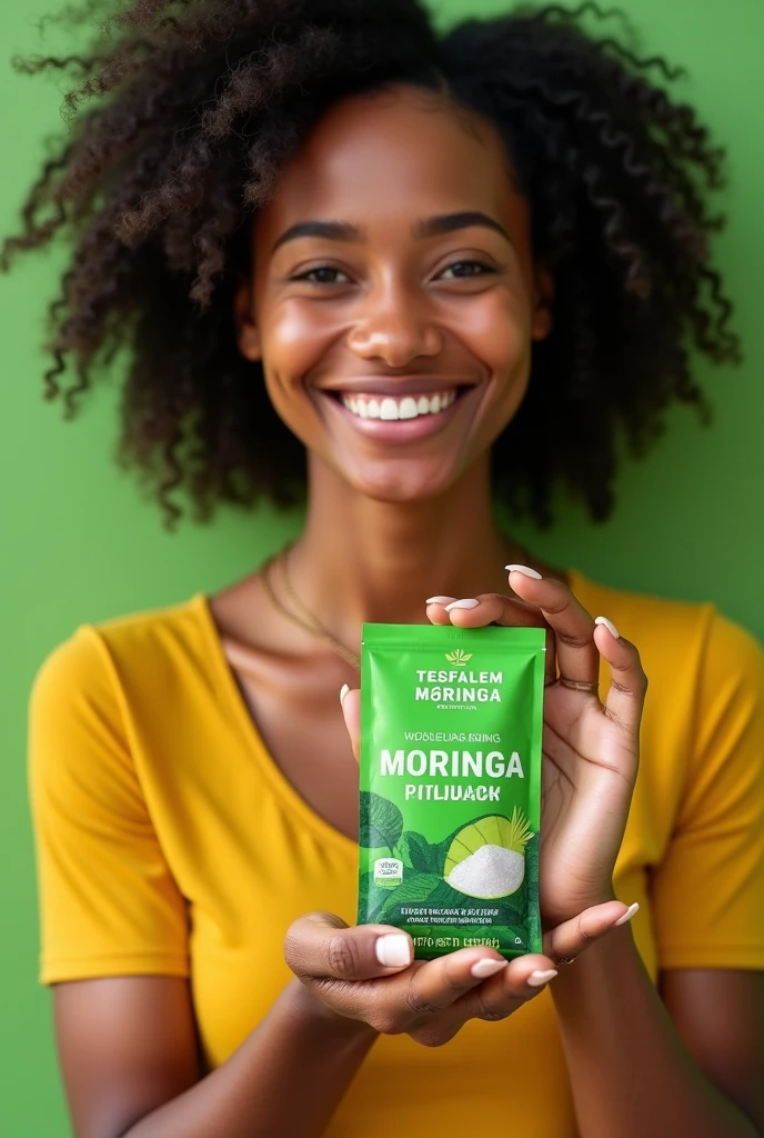 Woman with clearly face holding tesfalem moringa brand moringa poweder