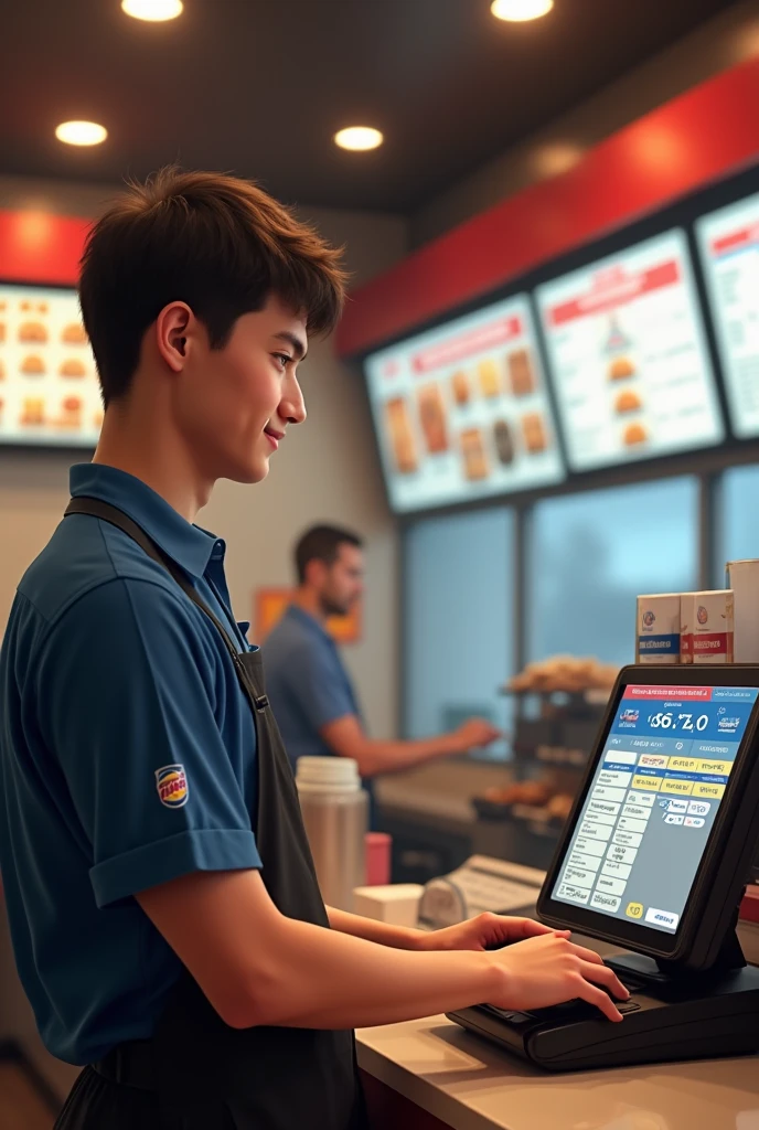 A MALE CASHIER AT A FAST FOOD RESTAURANT, BURGER KING TYPE WITH A POINT OF SALE THAT HAS A SALES AND CONTROL SYSTEM ON THE SCREEN WITHOUT OTHER PEOPLE