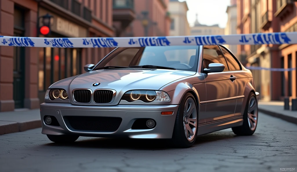 Im Stil von Pixar 3D-Animation filmen. silver BMW E46 Compact behind a police barrier
