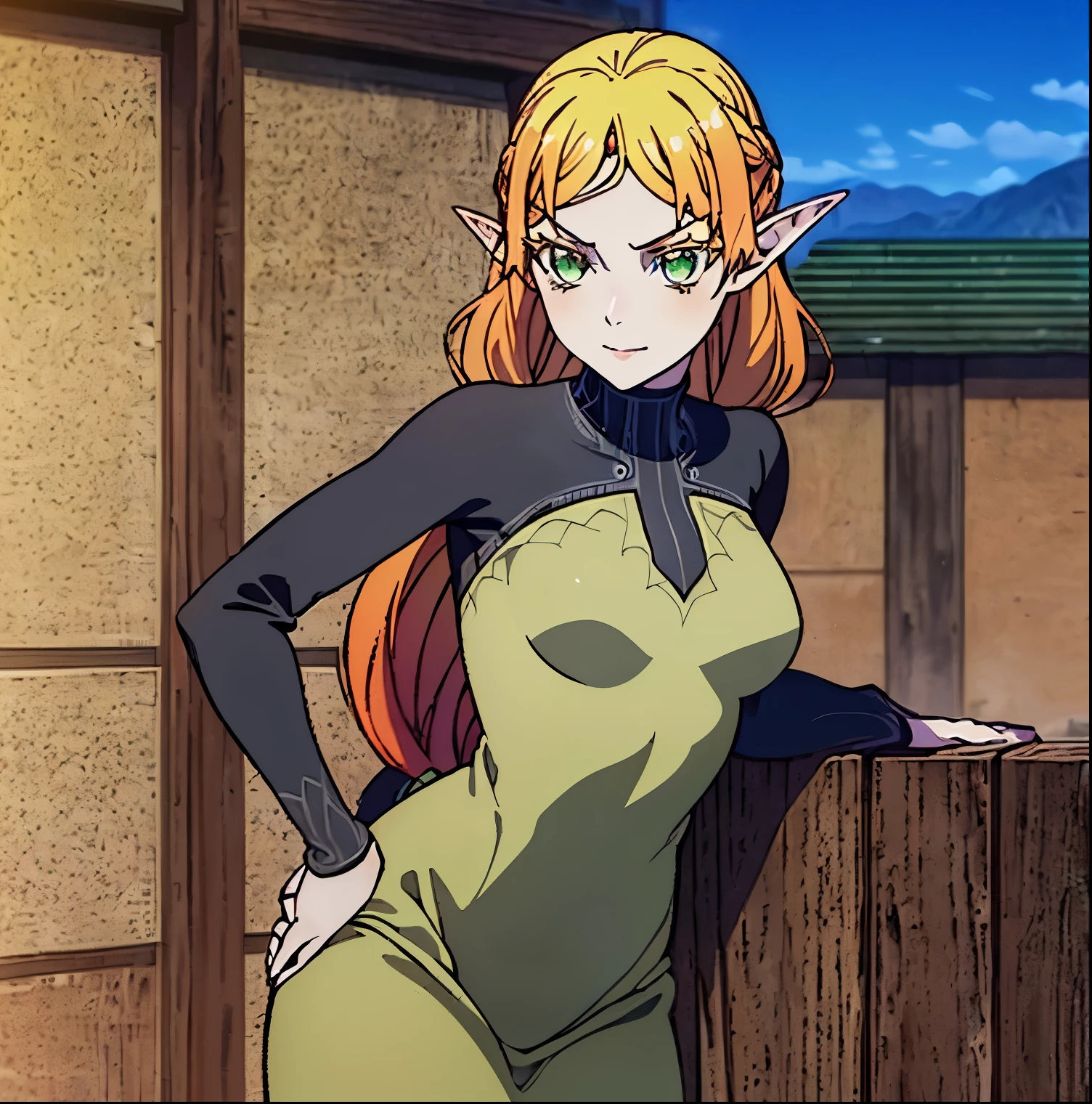 ((1girl)),((alone)),Sui tsundere elf,\(isekai ojisan\),(masterpiece), (best quality), (ultra detailed), (best illustration), (best shadow), (absurdities ), sharp focus, cowboy shot, atmospheric perspective, depth of field, dynamic posture, ((looking at viewer)), small breasts, narrow waist, wide hips, wide thighs, round butt, erotic, romantic, (highly detailed eyes , lips 1.1), highly detailed eyes, eyes, Highly detailed face, Very beautiful face, Symmetrical face, Aesthetic face, perfect face, perfect eyes, detailed eyelashes: 1.5), full height, beautiful slim figure, femininity, expressive appearance, breasts small elastics, sexuality, parted lips, long hair, blonde hair, (green eyes: 1.5), pointed ears, elf, multicolored hair, jewel on the forehead, long sleeves, black sleeves, turtleneck jumpsuit, black pantyhose, sweater, (black sweater: 1.2), dress, (yellow dress: 1.5), curves, defined body, perfect and beautiful body, perfect and beautiful, closed mouth, mocking smile, embarrassed expression, (sexy pose: 1.2), ((solo)), standing: 1.3,((outdoor, medieval landscape, plain, trees, castle, village, day, sunny)), Looking forward ,((centered on hips)), point of view: (from below), perfect anatomy, perfect hands