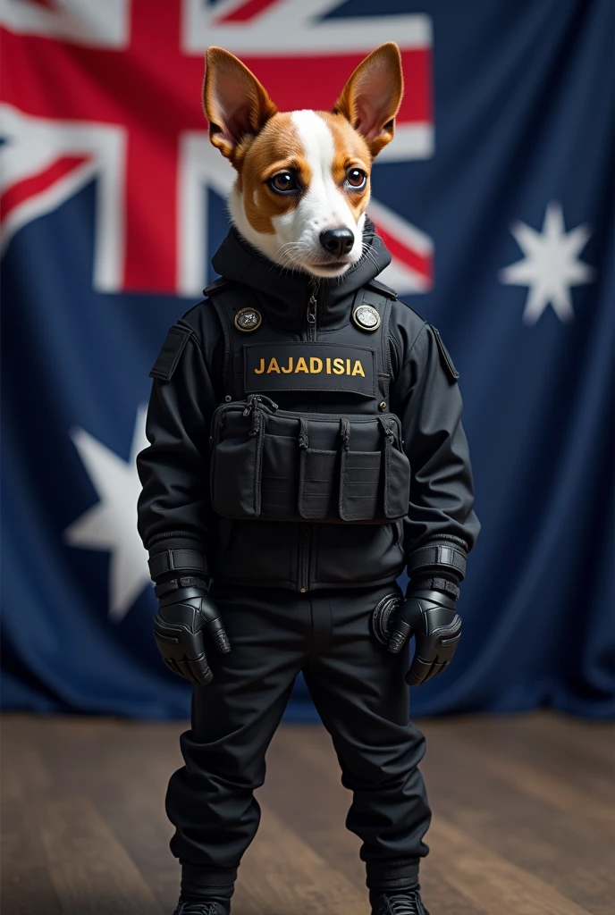 Soldier jack Russell with black tactical uniform in front of flag Australia