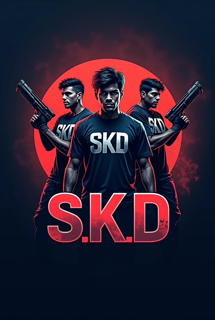 Gamer logo of three people with weapons and initials on their shirts (s.k.D)