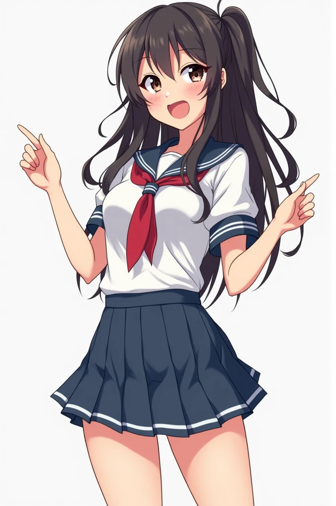 Anime schoolgirl character with open legs and with large visible attributes that shows. A little bit of her vagina