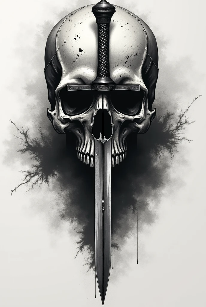 tattoo design of a skull with a sword stuck in the skull