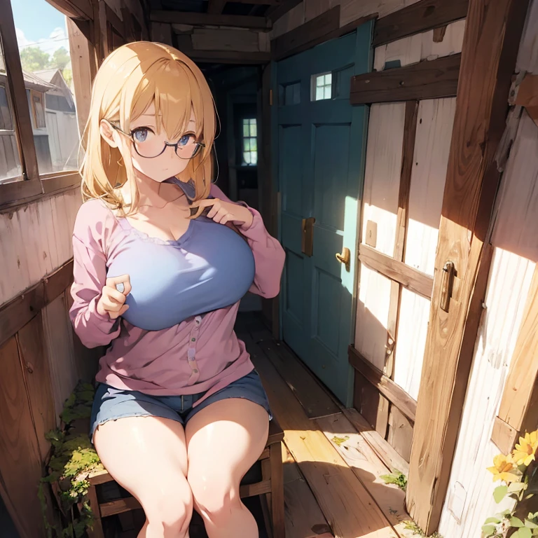 1 female, yellow bunches hair, innocent eyes, blue eyes, shy face, flown, huge breast, thick legs, one finger, glasses, pink long shirt, blue pants, shoe, in old house, inside, stuff