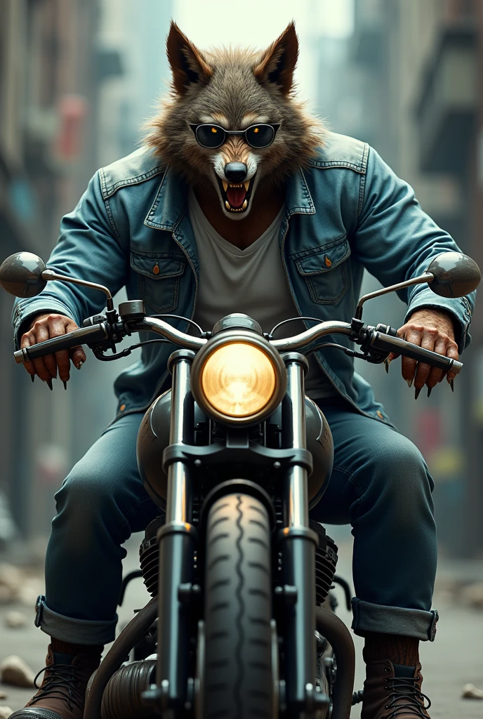 Create a biker werewolf with a white shirt and a light blue denim jacket on top.,  who drives a chopper style motorcycle. Also add some glasses for myopia. 