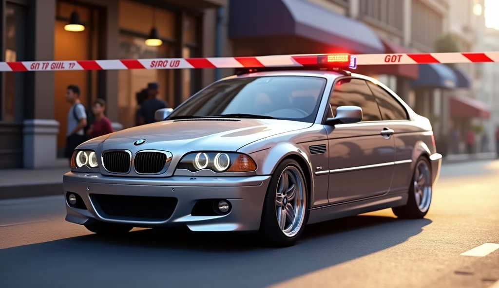 Im Stil von Pixar 3D-Animation filmen. silver BMW E46 Compact behind a police barrier
