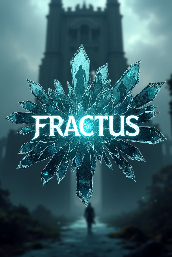make a logo with the name FRACTUS with several broken glasses around many glasses like something fragmented and in these glasses memories and character actions and a large blurred tower in the back for an RPG something like Doctor Strange