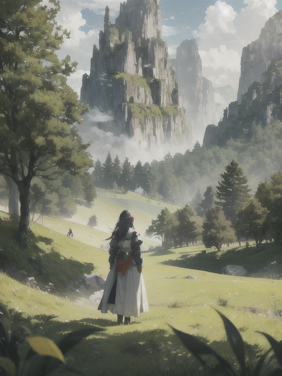 There is a girl standing on a green meadow, leading a group of knights..
BREAK With a bold expression, she leads them to their destination.
BREAK Behind her, the green forest extends further, mountains rise in the distance.
BREAKING The most appropriate effect for this scene would be a watercolor painting technique., allowing to convey the softness of the meadow and the smoothness of movement..