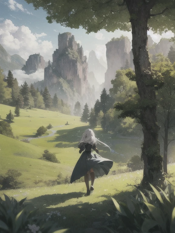 There is a girl standing on a green meadow, leading a group of knights..
BREAK With a bold expression, she leads them to their destination.
BREAK Behind her, the green forest extends further, mountains rise in the distance.
BREAKING The most appropriate effect for this scene would be a watercolor painting technique., allowing to convey the softness of the meadow and the smoothness of movement..
