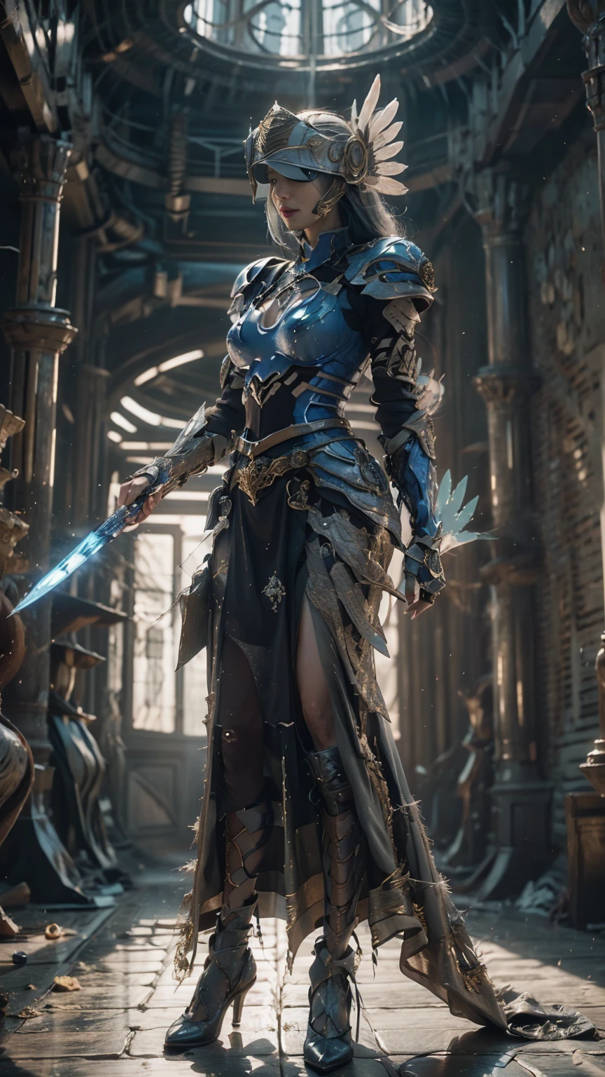 Make a 'kitbash' of Lenneth from 'Valkyrie profile' and 2B from 'Nier: Automata', combine 2B and Lenneth, solo, 1girl, BREAK: ((bright sapphire blue plate mech4rmor)), (keyhole cutout), (blue helmet with blindfold visor down:1.32), thigh cutout, long skirt, wings, BREAK: standing contrapposto, holding glowing spear, light smile, BREAK: plains, castle, BREAK: (better hands, best hands,) (insanely detailed, masterpiece, best quality), strong_negative, Chinese style