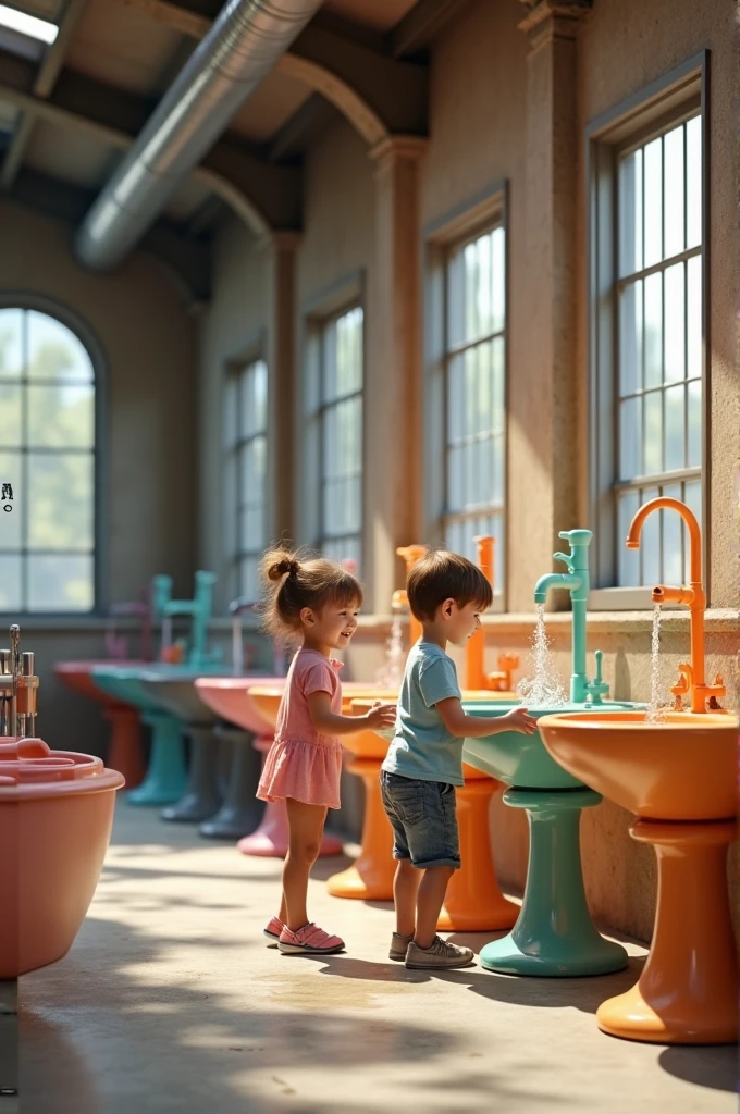 Create two sinks for children, that they are in their warehouse and there are two children washing their hands
