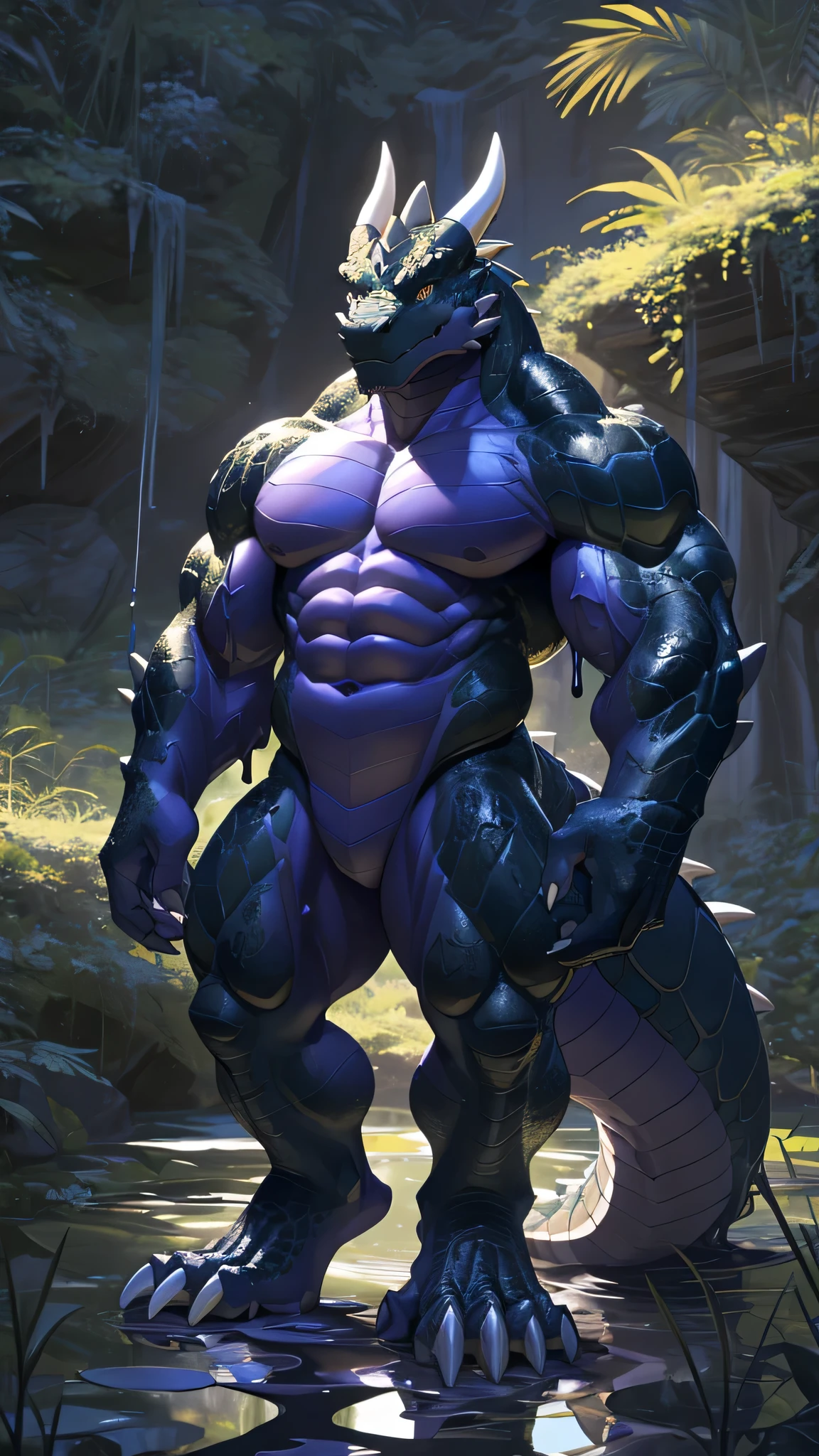 solo, anrhro, naked,((goo)),good creation, male,lizardman,((reptile)), (dragon), ((abdomen)),((abdomen muscle)), dark-black body, purple goo body, ((beautiful eyes)) , golden eyes, perfect eyes, ((big eyes)), (best quality),(4k),(ultra-detailed), staying, fat abs, (huge tail),(masterpiece), teeth, (huge feet),(fat feet), huge legs, (tail), (big muscles), (muscular:1.8), handsome, (toe claws), (big claws), Game cg, (8k), realistic, (fat:0.5), strong, (huge head:1.5), bright scene, outdoor,goo swamp,((rasing head)), (claw hands), (big mouth), white claws, drinking goo