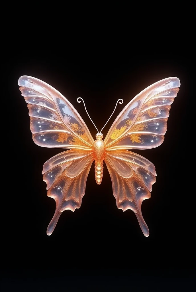Completely black background with a butterfly in the middle of the screen, with colors in combination with pale pink and gold, glass art style, medieval and mystical, that has details in its structure referring to parrots, turtles and nature
