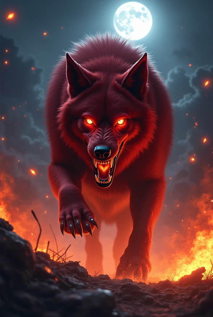 Red evil wolf fire explosions night moon
