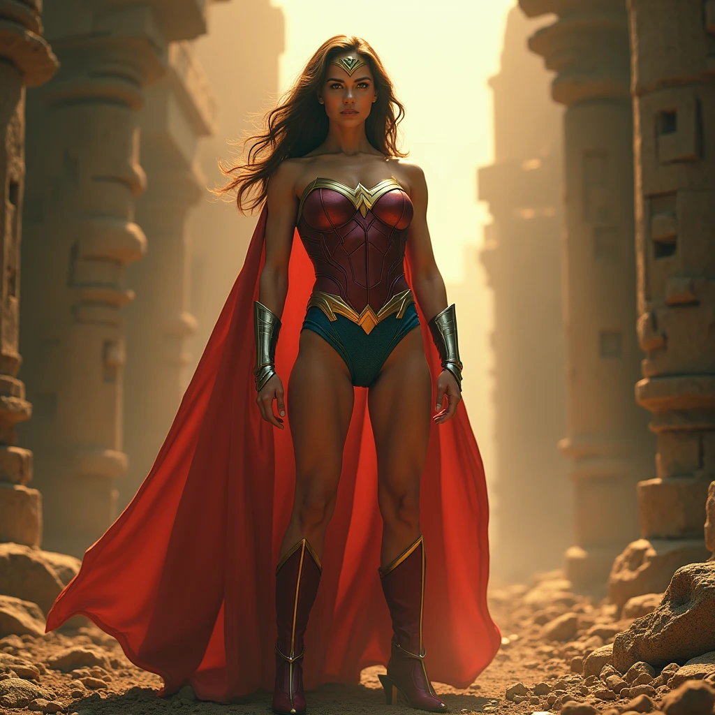 Superwoman stands tall, her imposing figure illuminated by the sun. her beautiful face with green eye's, Her chiseled muscles ripple beneath the surface, The camera pans across the labyrinthine ruins, revealing a tapestry of futuristic technology and ancient mysteries entwined. In the foreground