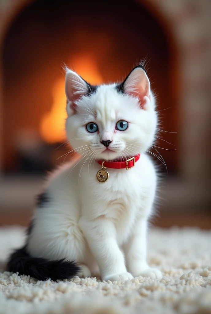 A cute and furry white kitten with a black tail with a black spot on its back and black markings after its ears and a black muzzle with blue eyes with a red collar with a pendant saying "Snow" what is the name of the cat sitting on a rug with a fireplace behind it