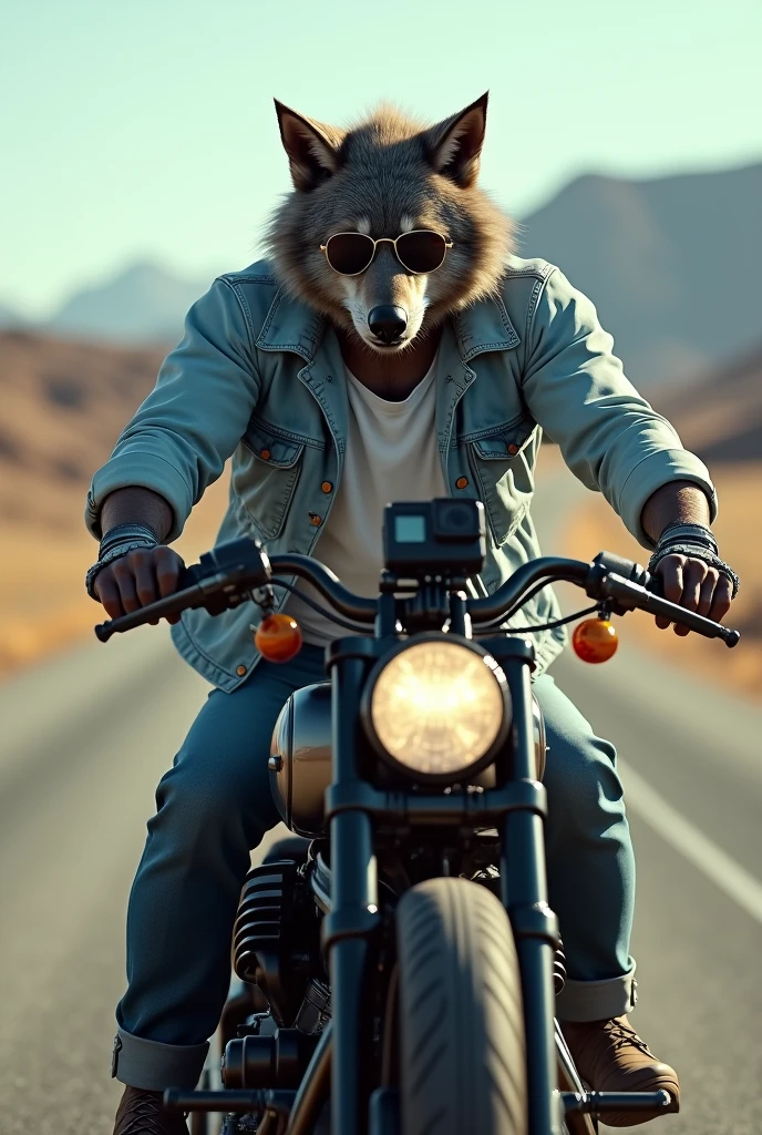 Create a biker werewolf with a white shirt and a light blue denim jacket on top.,  who drives a chopper style motorcycle. Also add some glasses for myopia. And if you have a Go Pro, you can upload videos to YouTube. 