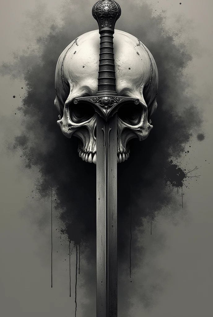 tattoo design of a skull with a sword stuck in the back of the skull