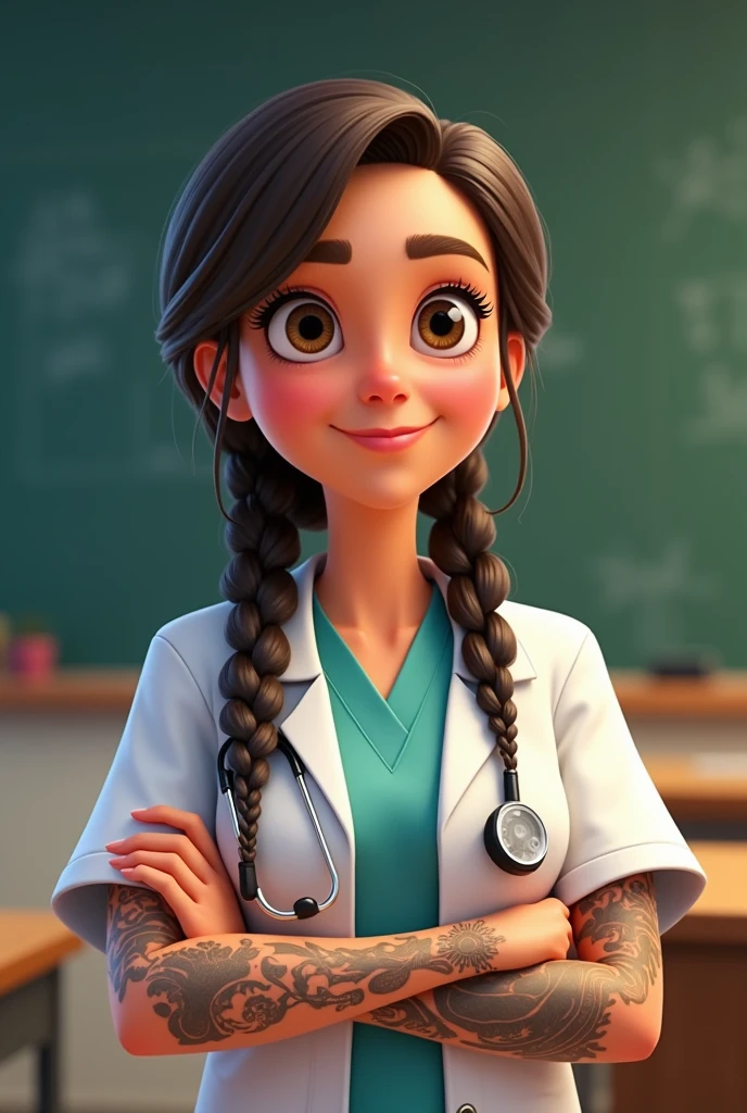 Animated style image of a veterinarian, using braids, with tattoos on their arms, in a classroom with a blackboard in the background