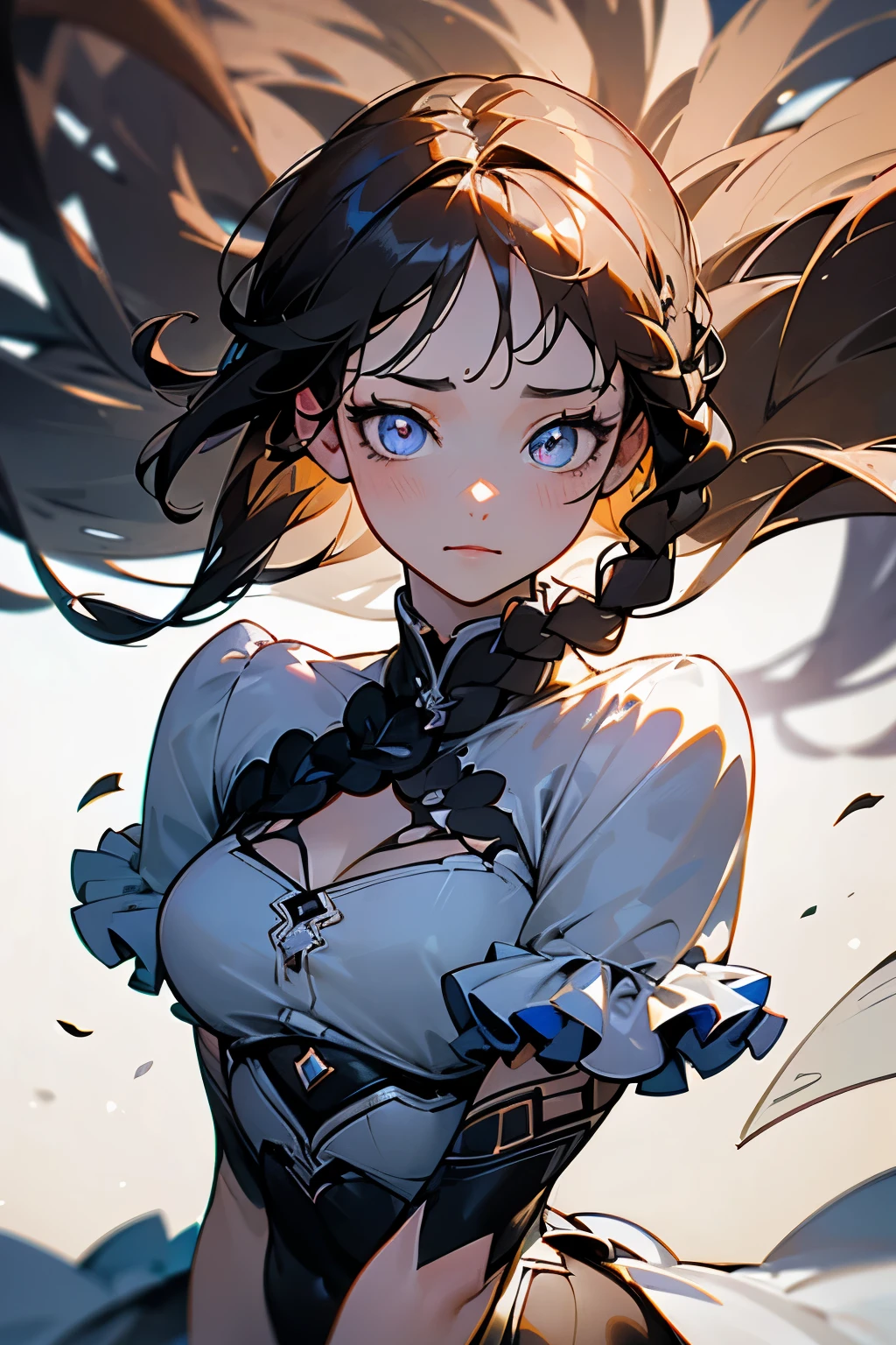 (full body), ((wind)), ((upper body)), ((thick thighs)), ((close-up)), (portrait) (((masterpiece))), (highest quality), ((perfect face)), very deep eyes, (cinematic lighting), detailed eyes, best quality, sidelight, highres, (intricate details), detailed finger, (illustration:1. 1), highres, (beautiful face:1. 15), trending on artstation, superb, 8k wallpaper, extremely detailed, intricate, award-winning, hyper-detailed, photorealistic background, braided hair, braid visible, big breasts , black costume , white shirt ,black thigh