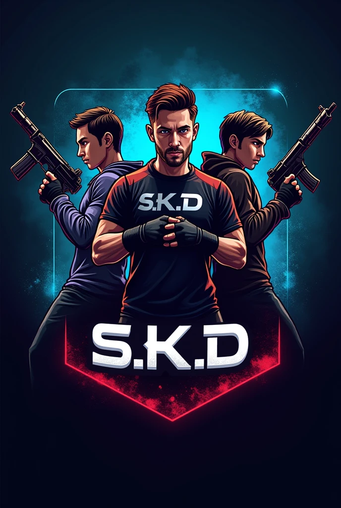 Gamer logo of three people with weapons and initials on their shirts (s.k.D)