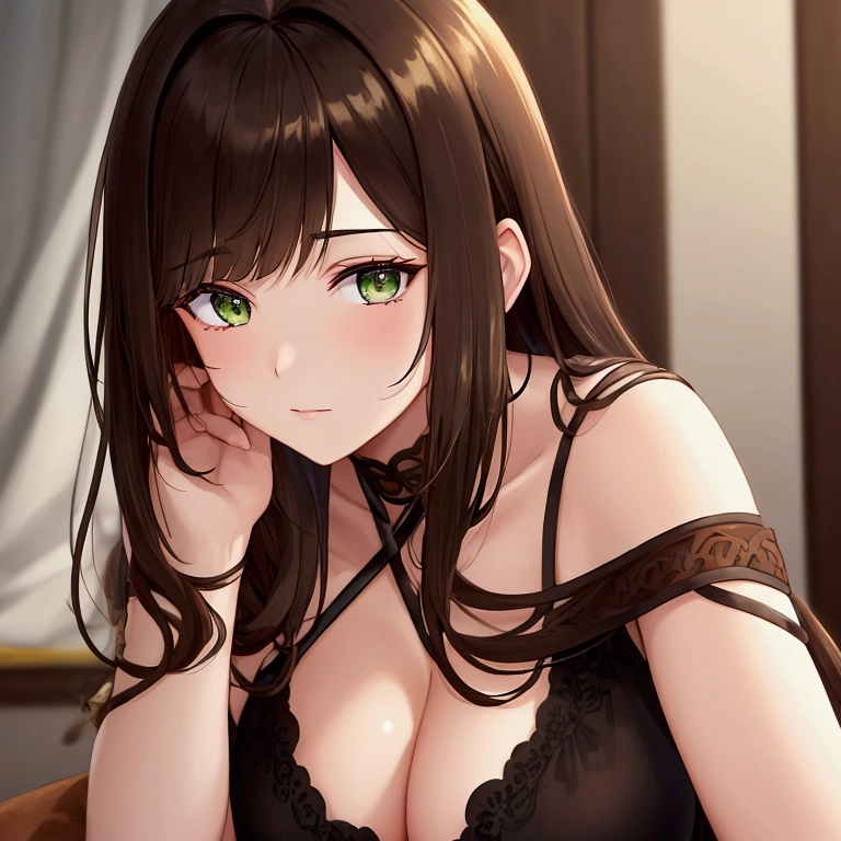 woman with shoulder-length dark brown hair, her brown hair fades to gold hair. she has green eyes, tired, with her hair touching her shoulders. jjk, anime.