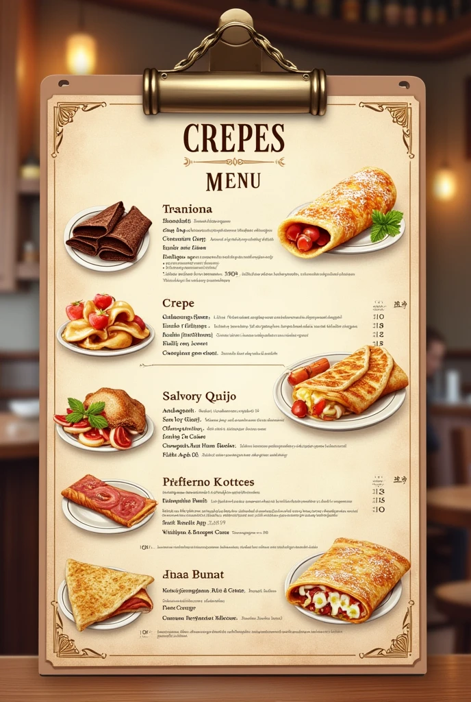 generate a menu of swiss crepes and write that we have the following chocolate crepes, guava and cheese, quijo, pepperoni and ham and cheese