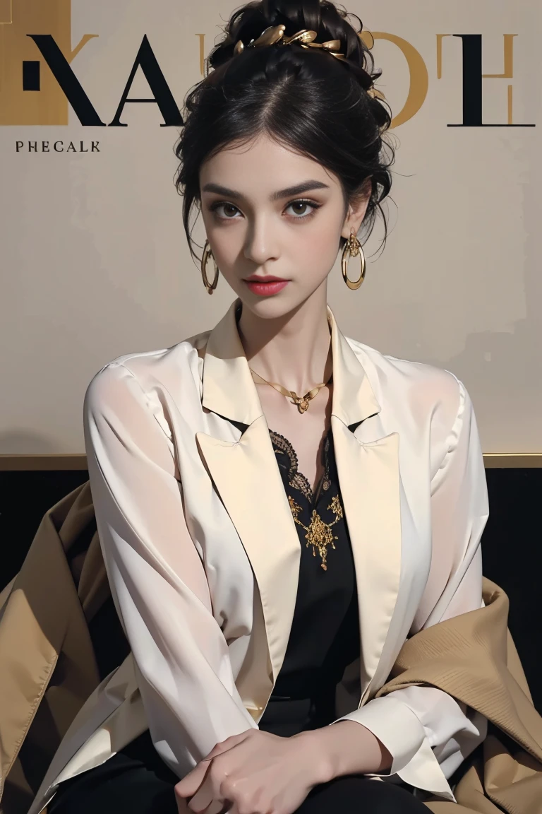 (masterpiece, best quality), (magazine cover), refined, powerful, and elegant, ((deep black silk blouse with strong, clean lines)), (sharp-angled, form-fitting black trousers with a satin sheen), ((golden embroidery subtly accentuating the collar and cuffs, reminiscent of a panther's eyes glowing in the dark)), (sleek black blazer with minimalist golden accents on the lapels), ((hair styled in a sophisticated updo with a touch of honey highlights)), (simple yet bold gold jewelry, such as a thin chain necklace and small hoop earrings), ((makeup emphasizing strong, smoky eyes and a deep nude lip)), (background in a dimly lit environment with soft, focused lighting on the model), (designed to convey power and sophistication, suitable for both formal events and commanding business meetings), (realistic details).