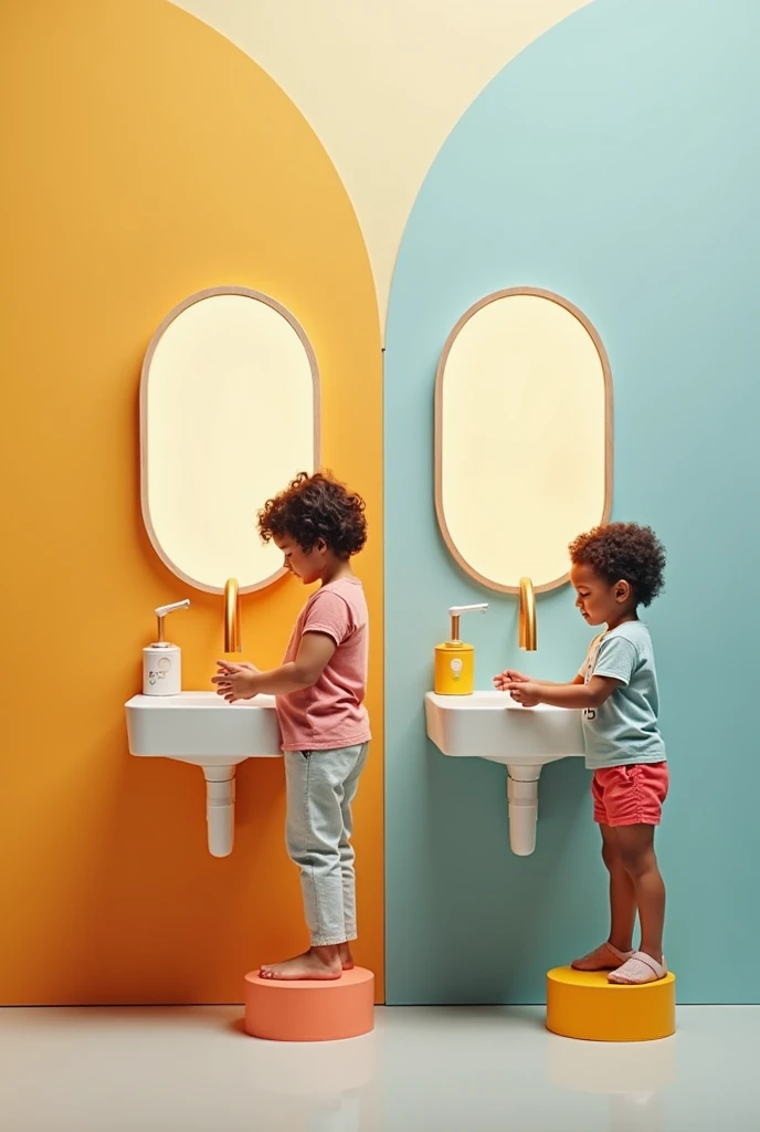 Create two sinks for children, that there are two children washing their hands within reach
