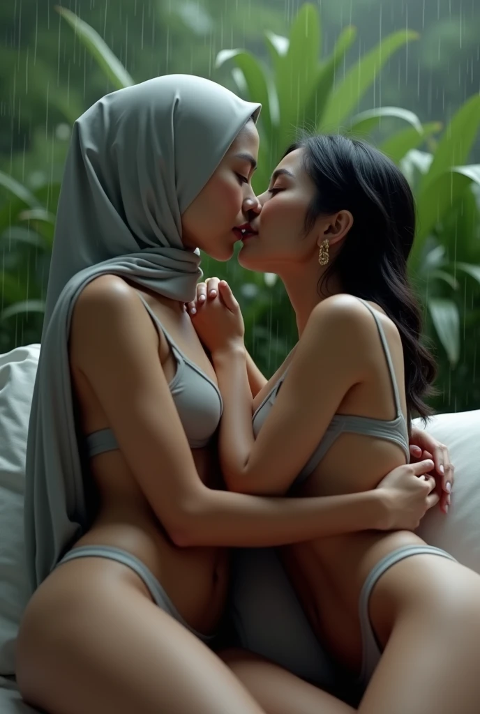 beautiful hijab indonesian lesbian girl laying down,bra and panties,hugging,french kiss,breast grope,view from far,,raining,look to the viewer 