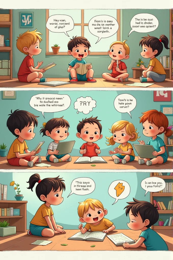 In the most creative way possible, create a comic that narrates the stages of cognitive development according to Piaget., Freud and other theories. Each vignette could represent a type of child at different stages, showing how they interact with their environment according to the corresponding theory, with image of children , Text , cheered up 