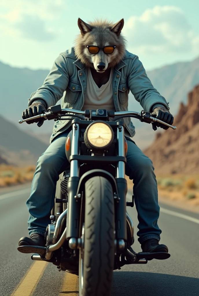 Create a biker werewolf with a white shirt and a light blue denim jacket on top., who drives a chopper style motorcycle. Also add some glasses for myopia. And if you have a Go Pro, you can upload videos to YouTube.