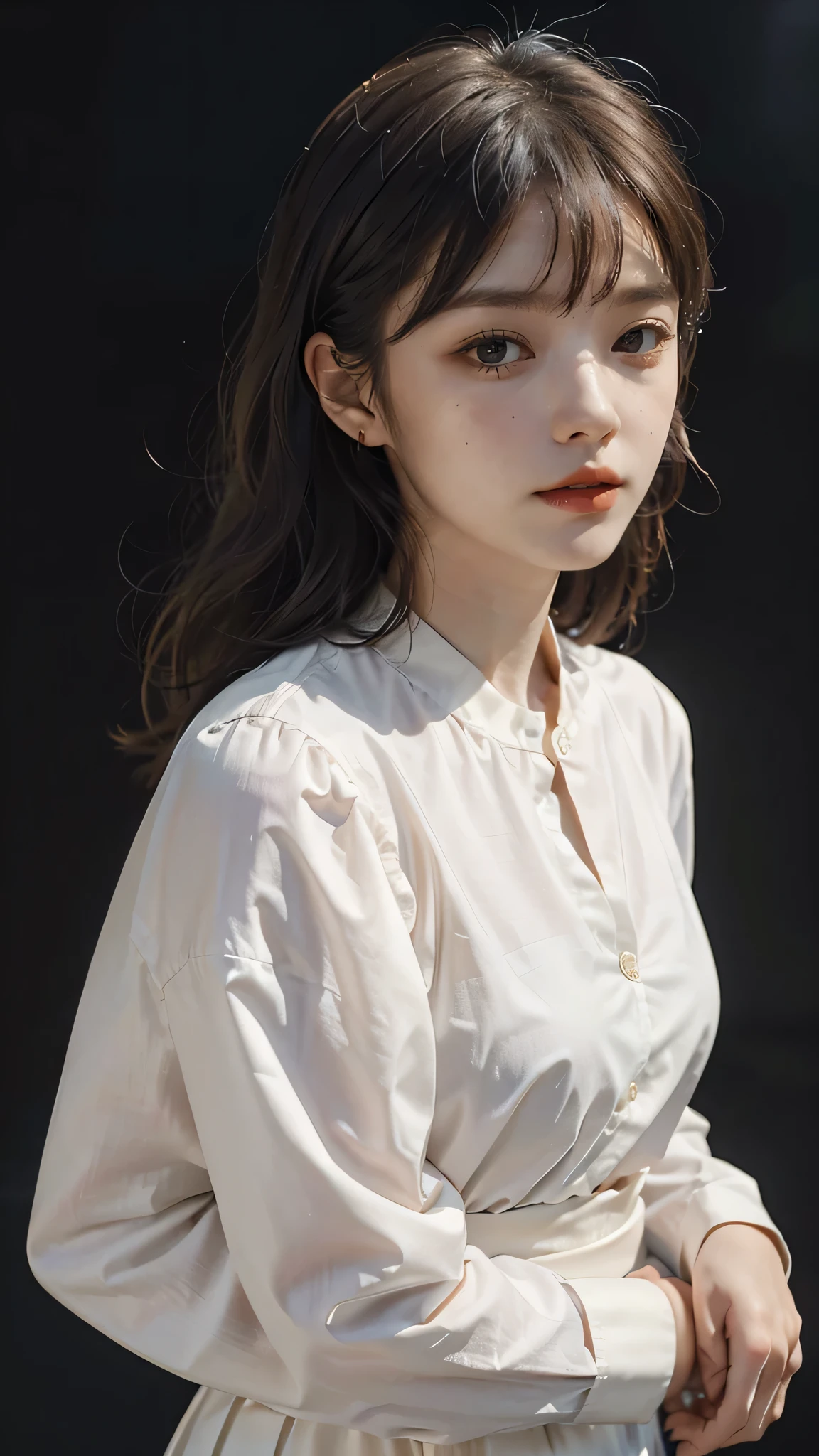 a beautiful girl with bangs, bob hairstyle, black hair, wearing a white blouse and long skirt, fair skin, looking directly at the viewer, against a black background, (best quality,4k,8k,highres,masterpiece:1.2),ultra-detailed,(realistic,photorealistic,photo-realistic:1.37),intricate details,exquisite lighting,dramatic composition,stunning portrait, upper body