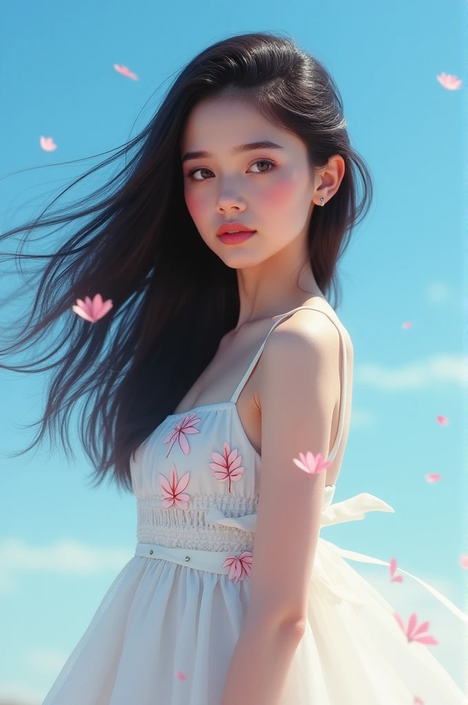 Beautiful girl taking a selfie with a stunning blue sky behind her, with the innocent features of an Arab girl, her soft white skin, black hair and a white dress covering a small, tight chest with small pink leaf patterns