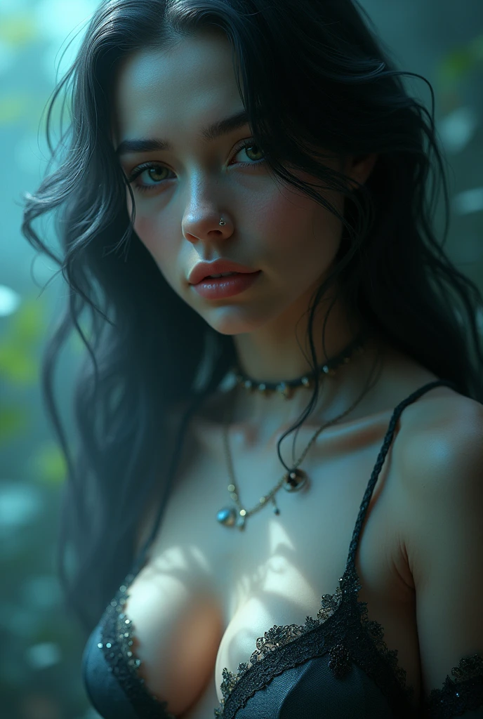 a woman with prominent nipples, intricate detailed face, photorealistic, hyperrealistic, 8k, highly detailed, dramatic lighting, mystical, ethereal, glowing skin, elegant, flowing hair, deep gaze, cinematic composition, moody atmosphere, wide cleavage,image of a full-body woman,BREASTS 3D,image 3D,