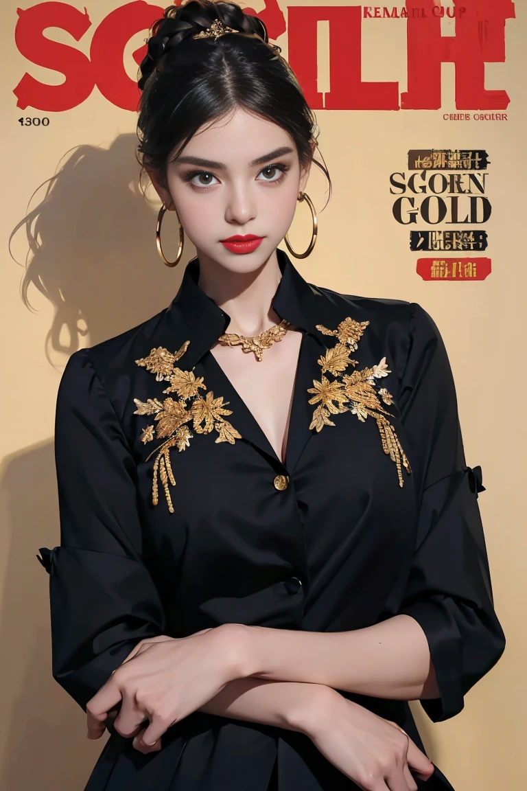 (masterpiece, best quality), (magazine cover), refined, powerful, and elegant, ((deep black silk blouse with strong, clean lines)), (sharp-angled, form-fitting black trousers with a satin sheen), ((golden embroidery subtly accentuating the collar and cuffs, reminiscent of a panther's eyes glowing in the dark)), (sleek black blazer with minimalist golden accents on the lapels), ((hair styled in a sophisticated updo with a touch of honey highlights)), (simple yet bold gold jewelry, such as a thin chain necklace and small hoop earrings), ((makeup emphasizing strong, smoky eyes and a deep nude lip)), (background in a dimly lit environment with soft, focused lighting on the model), (designed to convey power and sophistication, suitable for both formal events and commanding business meetings), (realistic details).