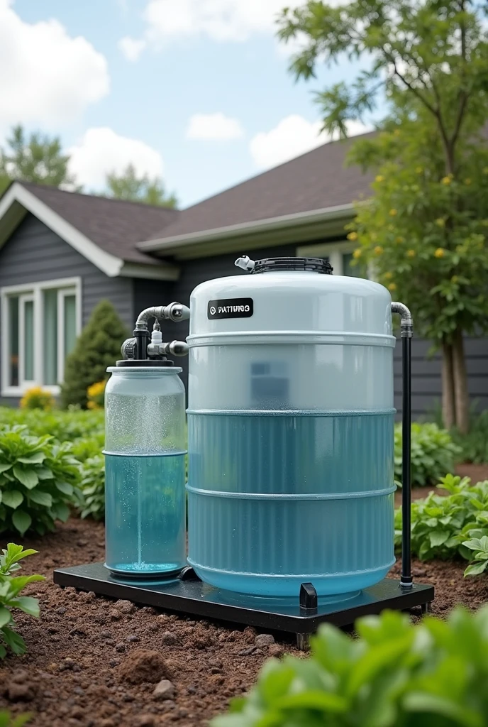 a device or water tank to filter grey water such as shower water, sinks and laundry sinks that come from a house for agriculture with sensors that measure water pollution that shows the house in the distance