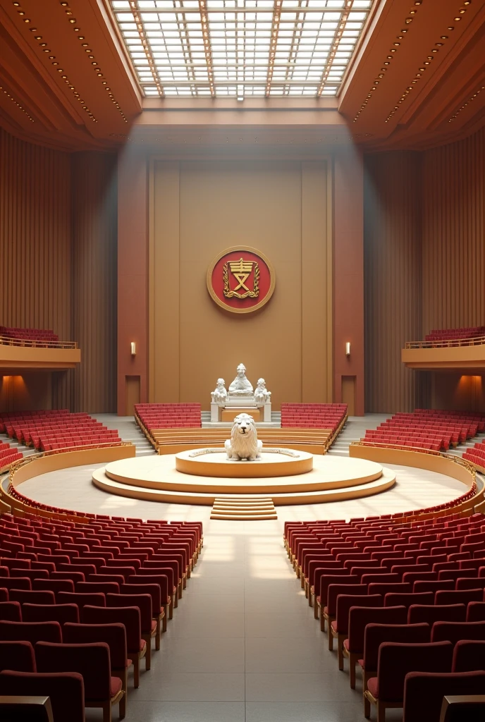 A very huge and wide meeting hall, with many rows and Columns of chairs devided with 7 walk ways,bright light in the building,ceiling with many spot lights, A very wide Huge circular flat stage in the middle, a white statue of two lions setting  on opposite edge of the stage