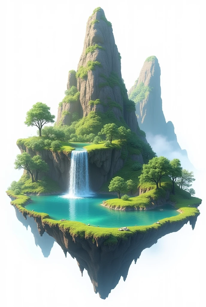 flying mountain grass tree lake waterfall white background no bottom