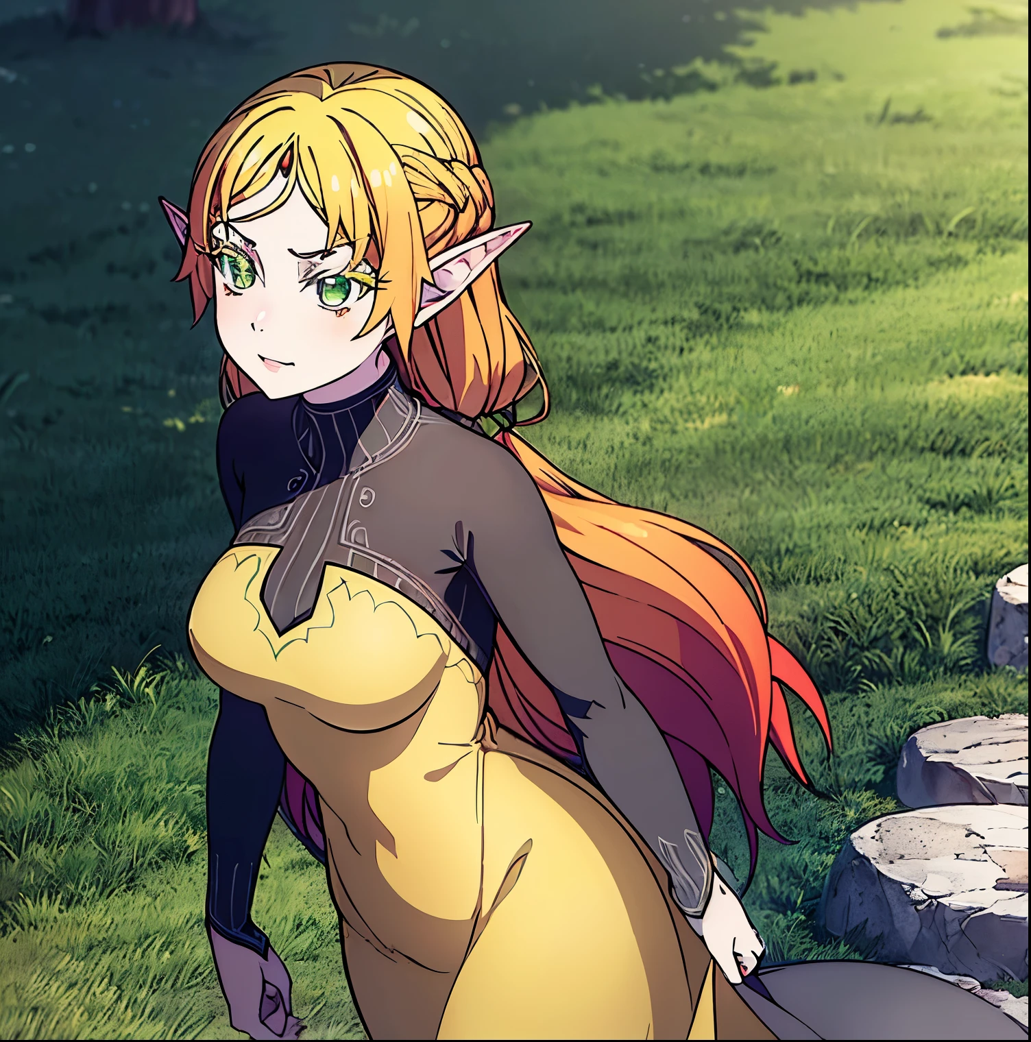 ((1girl)),((alone)),Sui tsundere elf,\(isekai ojisan\),(masterpiece), (best quality), (ultra detailed), (best illustration), (best shadow), (absurdities ), sharp focus, cowboy shot, atmospheric perspective, depth of field, dynamic posture, ((looking at viewer)), medium breasts, narrow waist, wide hips, wide thighs, round butt, erotic, romantic, (highly detailed eyes , lips 1.1), highly detailed eyes, eyes, Highly detailed face, Very beautiful face, Symmetrical face, Aesthetic face, perfect face, perfect eyes, detailed eyelashes: 1.5), full height, beautiful slim figure, femininity, expressive appearance, breasts elastic mediums, sexuality, parted lips, long hair, blonde hair, (green eyes: 1.5), pointed ears, elf, multicolored hair, jewel on the forehead, long sleeves, black sleeves, turtleneck jumpsuit, black pantyhose, sweater, (black sweater: 1.2), dress, (yellow dress: 1.5), curves, defined body, perfect and beautiful body, perfect and beautiful, closed mouth, mocking smile, embarrassed expression, (sexy pose: 1.2), ((solo) ), standing: 1.3,((outdoor, medieval landscape, plain, trees, castle, village, day, sunny)), Looking forward ,((focus on breasts:1.4)), point of view: (from above ), perfect anatomy, perfect hands