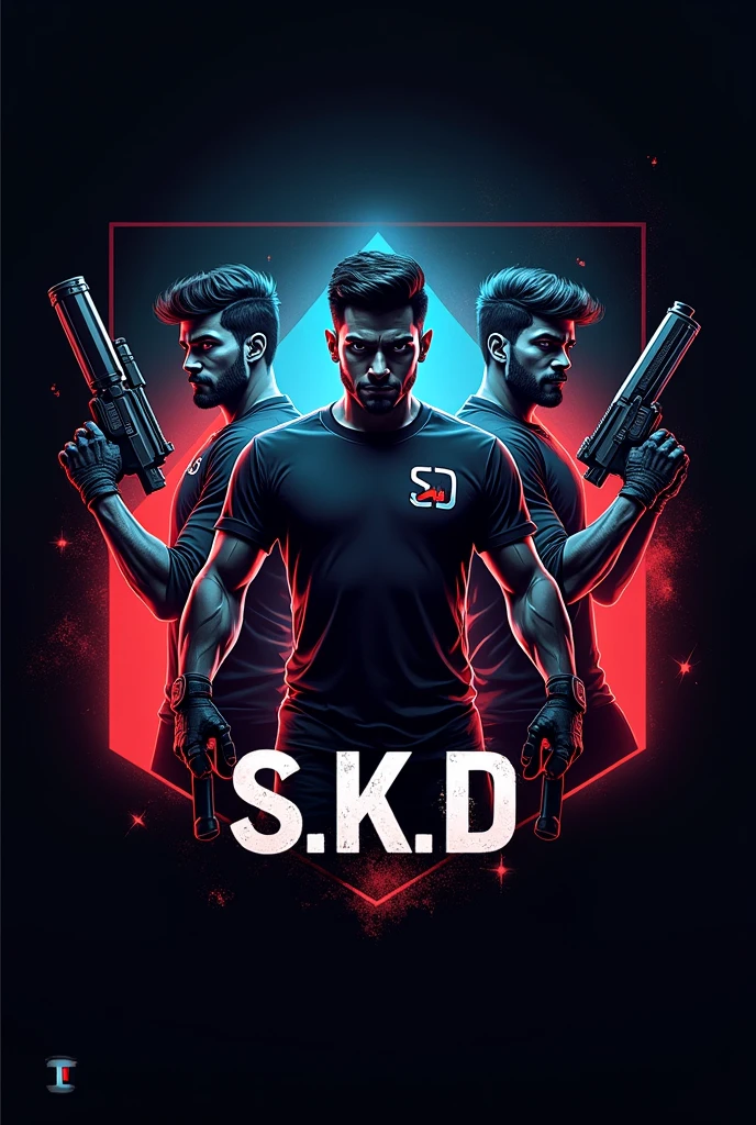 Gamer logo of three people with weapons and initials on their shirts (s.k.D)