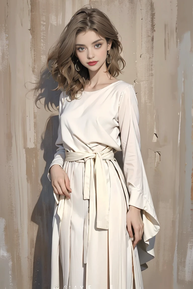 (masterpiece:1.2, best quality), (Vogue magazine cover), Mediterranean elegance, light fabrics, warm and soft tones, understated sophistication, (she’s wearing a Mediterranean Grace outfit - a flowing, light beige dress with intricate yet subtle pleats, paired with simple accessories that add a touch of grace), (hair loosely styled, complementing the relaxed yet elegant vibe), (standing with a gentle, inviting expression), (background with soft, warm Mediterranean colors, subtly enhancing the outfit’s theme)