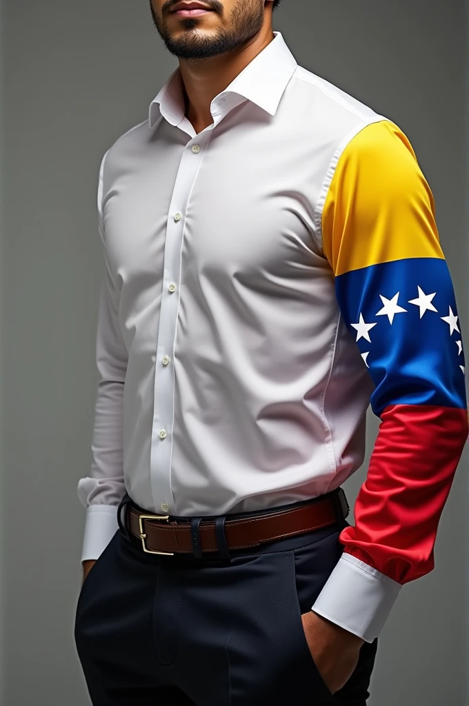 He designed a long-sleeved dress shirt that has the Venezuelan flag drawn on one sleeve with its 7 legible and extended stars.