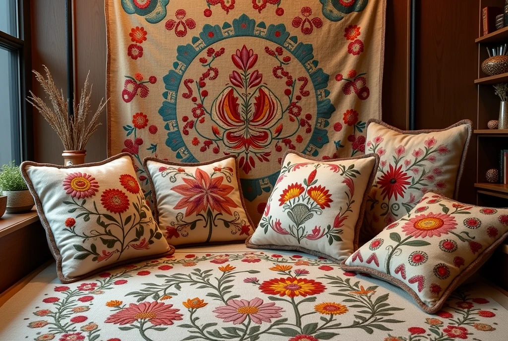Create an image in style ((hemp)), showcasing intricate and vibrant embroidery patterns. Ensuring the design is hyper-realistic, captured in 8K high definition with vibrant colors and sharp focus. The image must be insanely detailed, highlighting the delicacy of the stitches, Rich textures, and traditional motifs of hemp art. Surround the fabric centerpiece with an array of beautifully embroidered pillows and fabrics, all on a background that enhances the liveliness and complexity of the artwork.