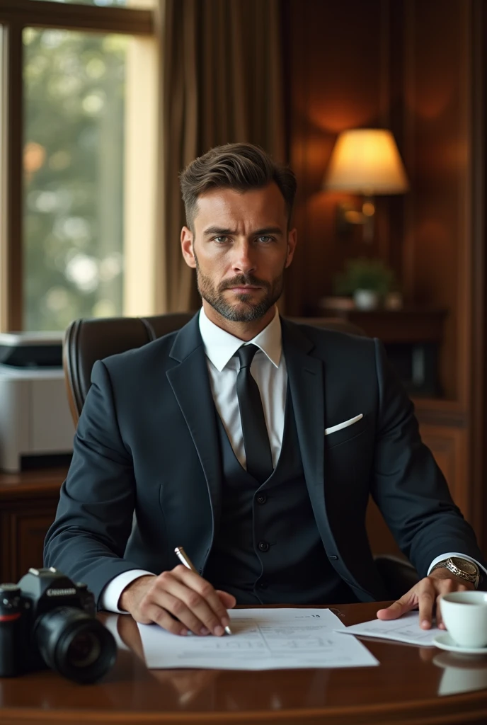 A beautiful man with officesuite sitting in Working Room, A Computer and printer on table, a cup of tea, well fitted electricity, lightening room,   one camera on table, 