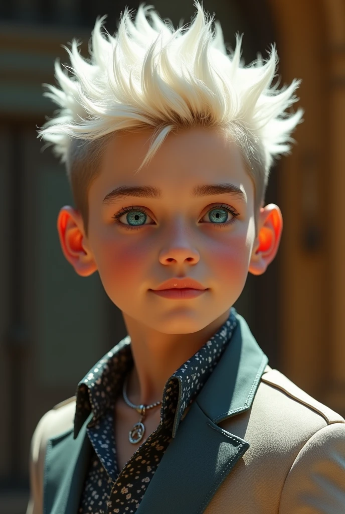 beautiful  boy, white spiky hair, clear skin, bright blue eyes, elegant clothes, high quality, detailed, realistic, photorealistic, 8k, hyper detailed, intricate details, sharp focus, cinematic lighting, warm color palette, masterpiece