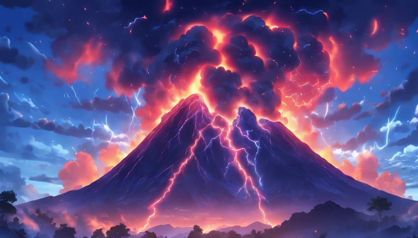 Volcanic eruption with blue lightning