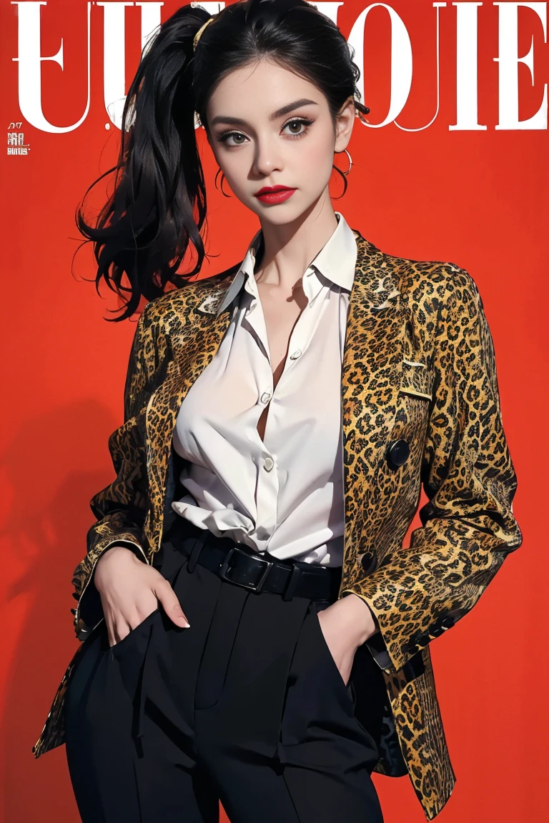 "Ultra-detailed, photorealistic, high quality, vogue magazine cover, stylish, sophisticated, (A woman in her 40s, with a sleek and fit figure, dressed in a leopard print blazer and matching pants. The outfit is form-fitting yet elegant, paired with a simple black silk blouse underneath, perfect for a stylish and confident look. Her makeup is subtle, enhancing her natural features. Hair is pulled back in a sleek ponytail, completing the polished appearance)."