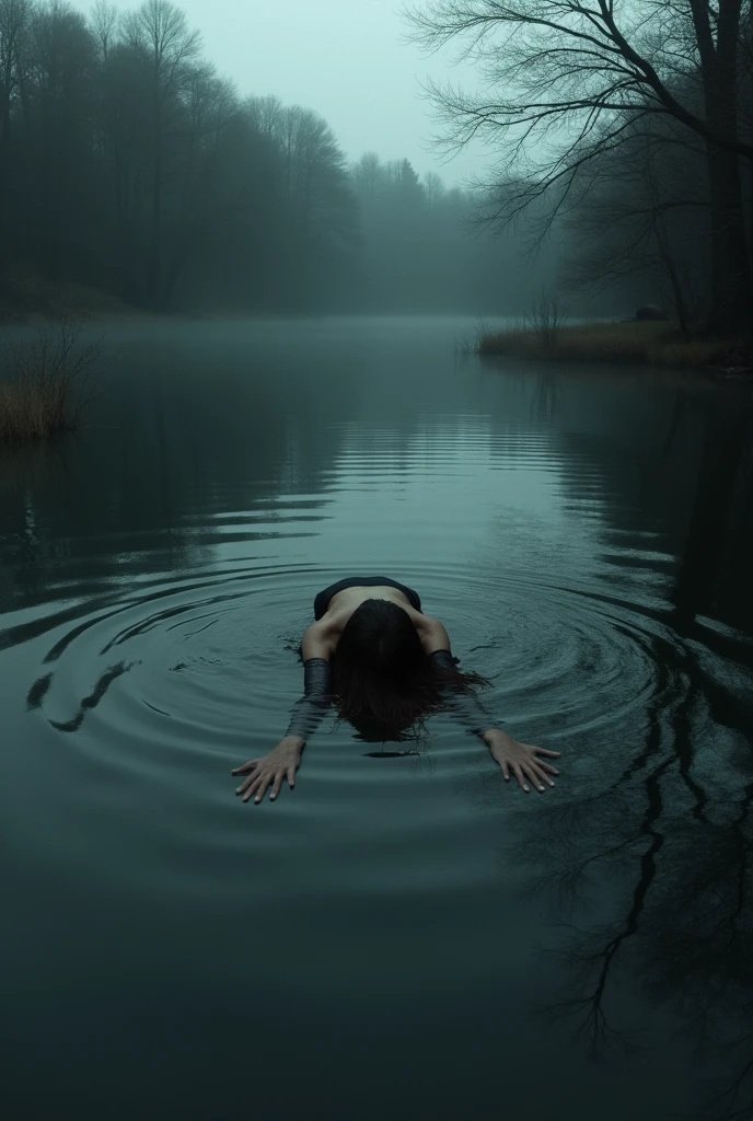 Dead woman in a lake face down, backwards